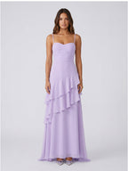 Lavender Chiffon A-Line Sweetheart Lace-up Floor-Length Bridesmaid Dress with Ruffle - Curvevia