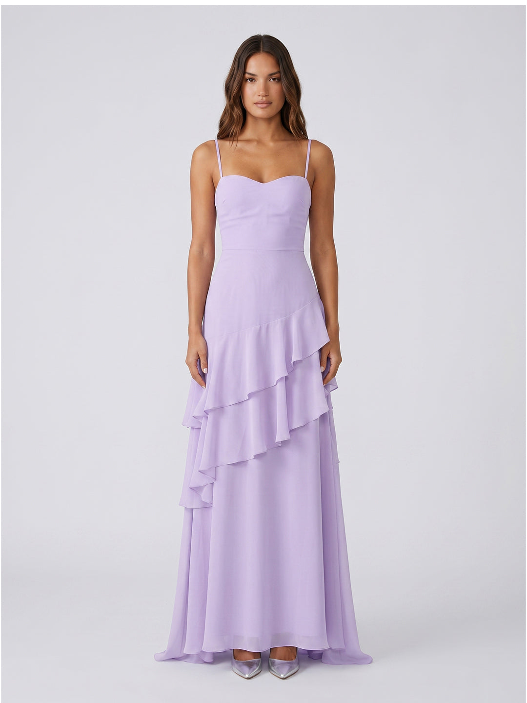 Lavender Chiffon A-Line Sweetheart Lace-up Floor-Length Bridesmaid Dress with Ruffle - Curvevia