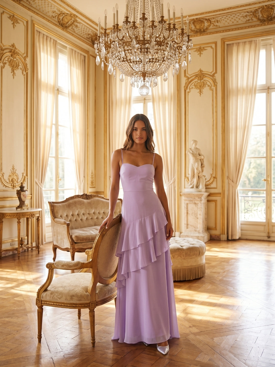 Lavender Chiffon A-Line Sweetheart Lace-up Floor-Length Bridesmaid Dress with Ruffle - Curvevia