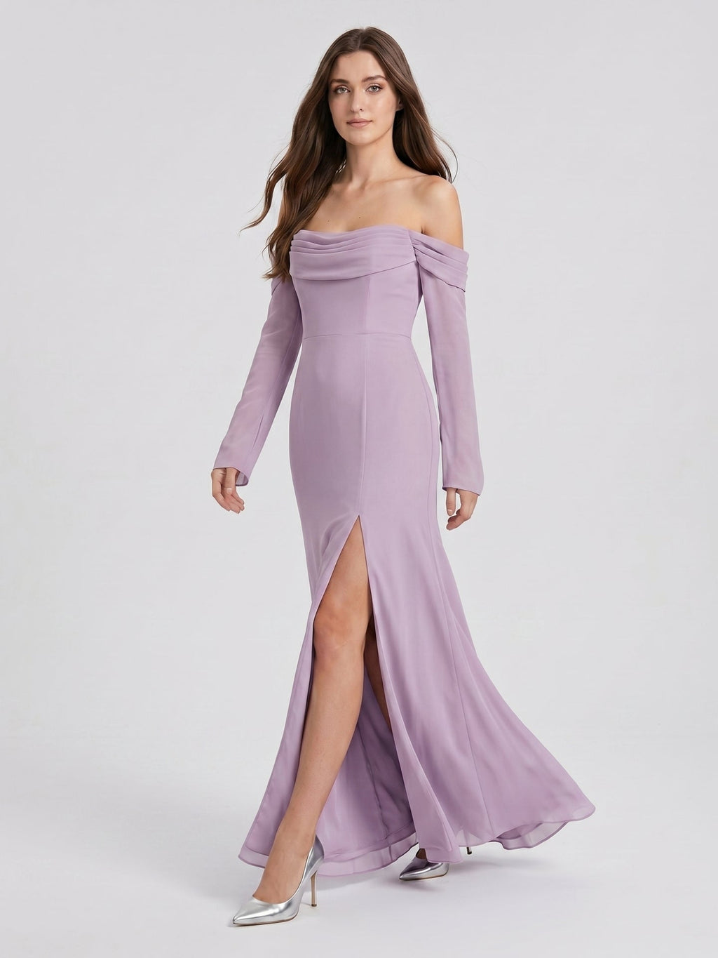 Lavender Chiffon Column Off-the-Shoulder Back Zip Floor-Length Bridesmaid Dress - Curvevia