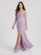 Lavender Chiffon Column Off-the-Shoulder Back Zip Floor-Length Bridesmaid Dress - Curvevia