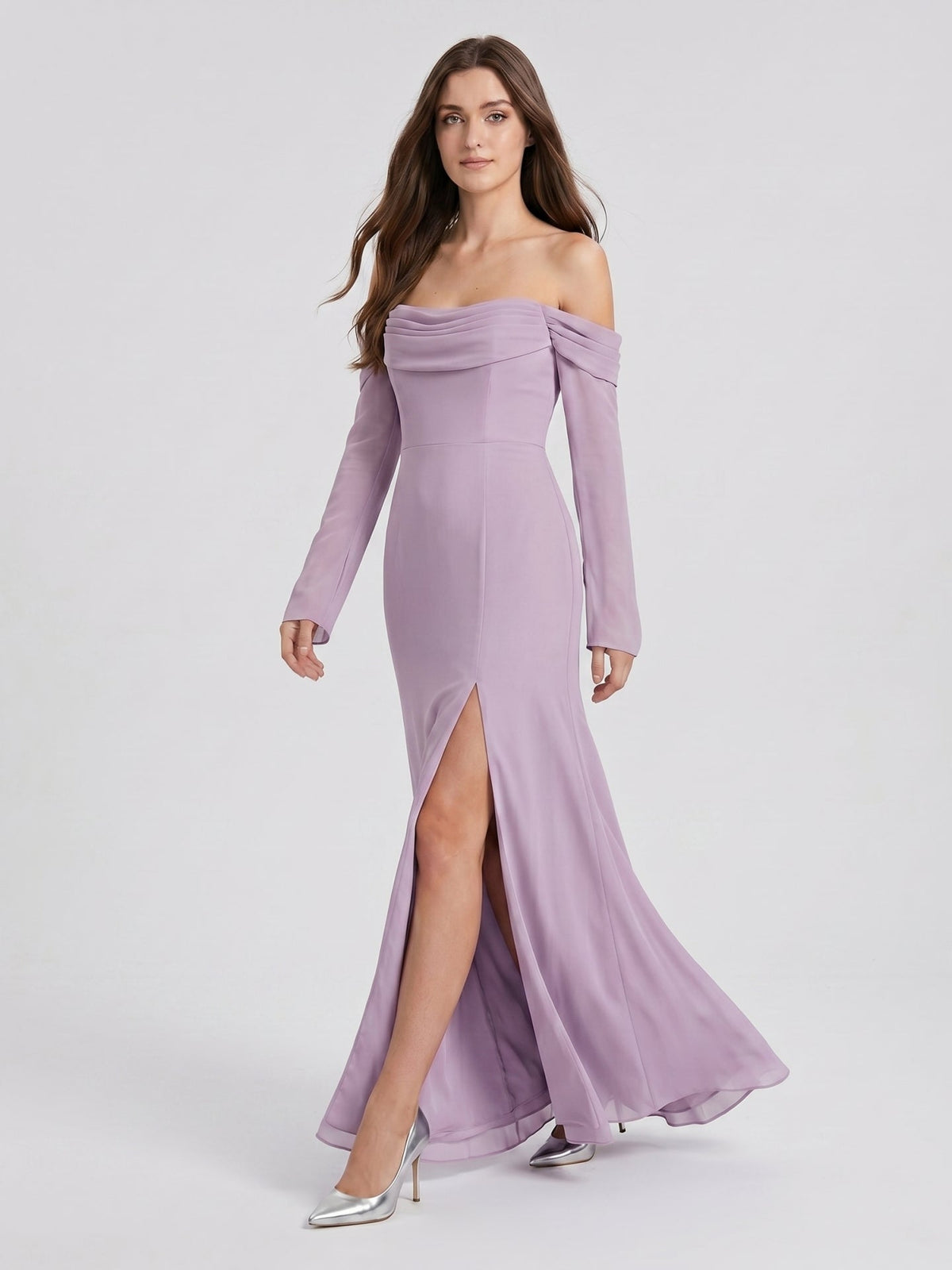 Lavender Chiffon Column Off-the-Shoulder Back Zip Floor-Length Bridesmaid Dress - Curvevia