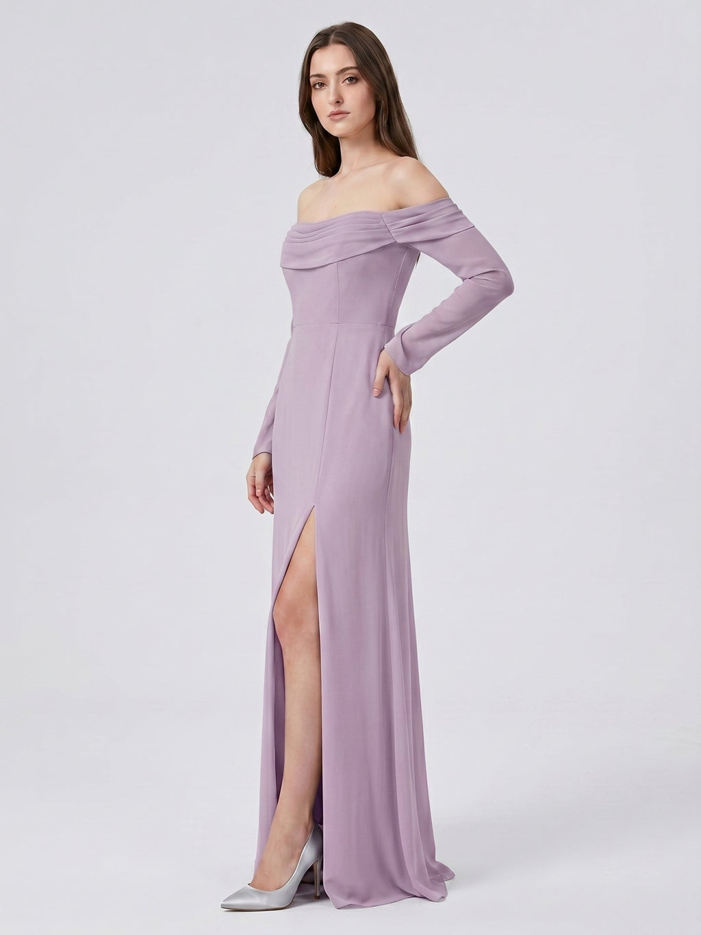 Lavender Chiffon Column Off-the-Shoulder Back Zip Floor-Length Bridesmaid Dress - Curvevia