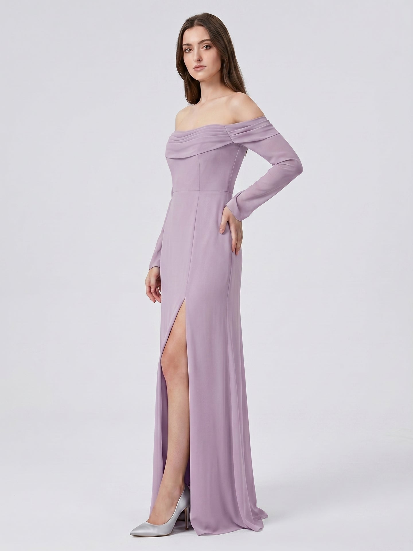 Lavender Chiffon Column Off-the-Shoulder Back Zip Floor-Length Bridesmaid Dress - Curvevia