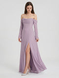 Lavender Chiffon Column Off-the-Shoulder Back Zip Floor-Length Bridesmaid Dress - Curvevia
