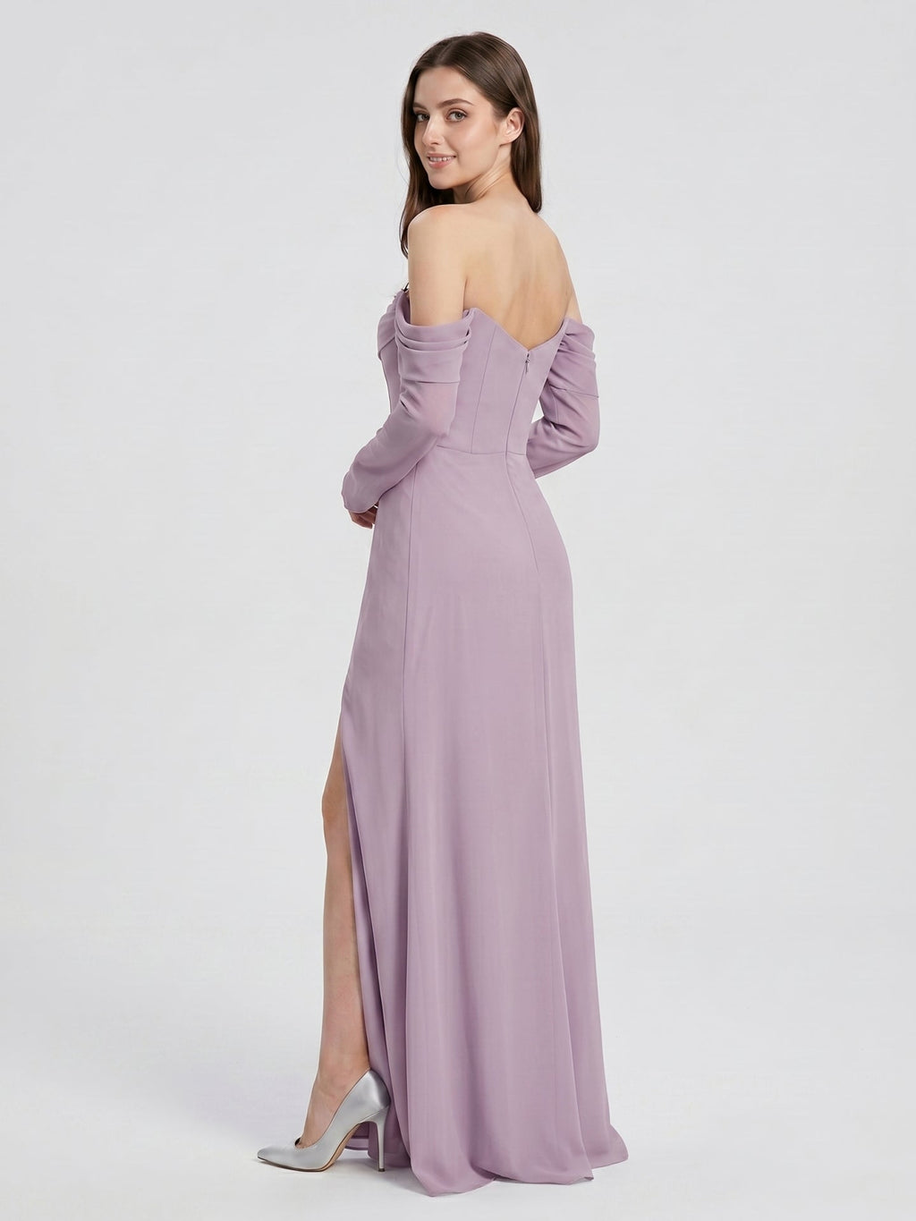 Lavender Chiffon Column Off-the-Shoulder Back Zip Floor-Length Bridesmaid Dress - Curvevia