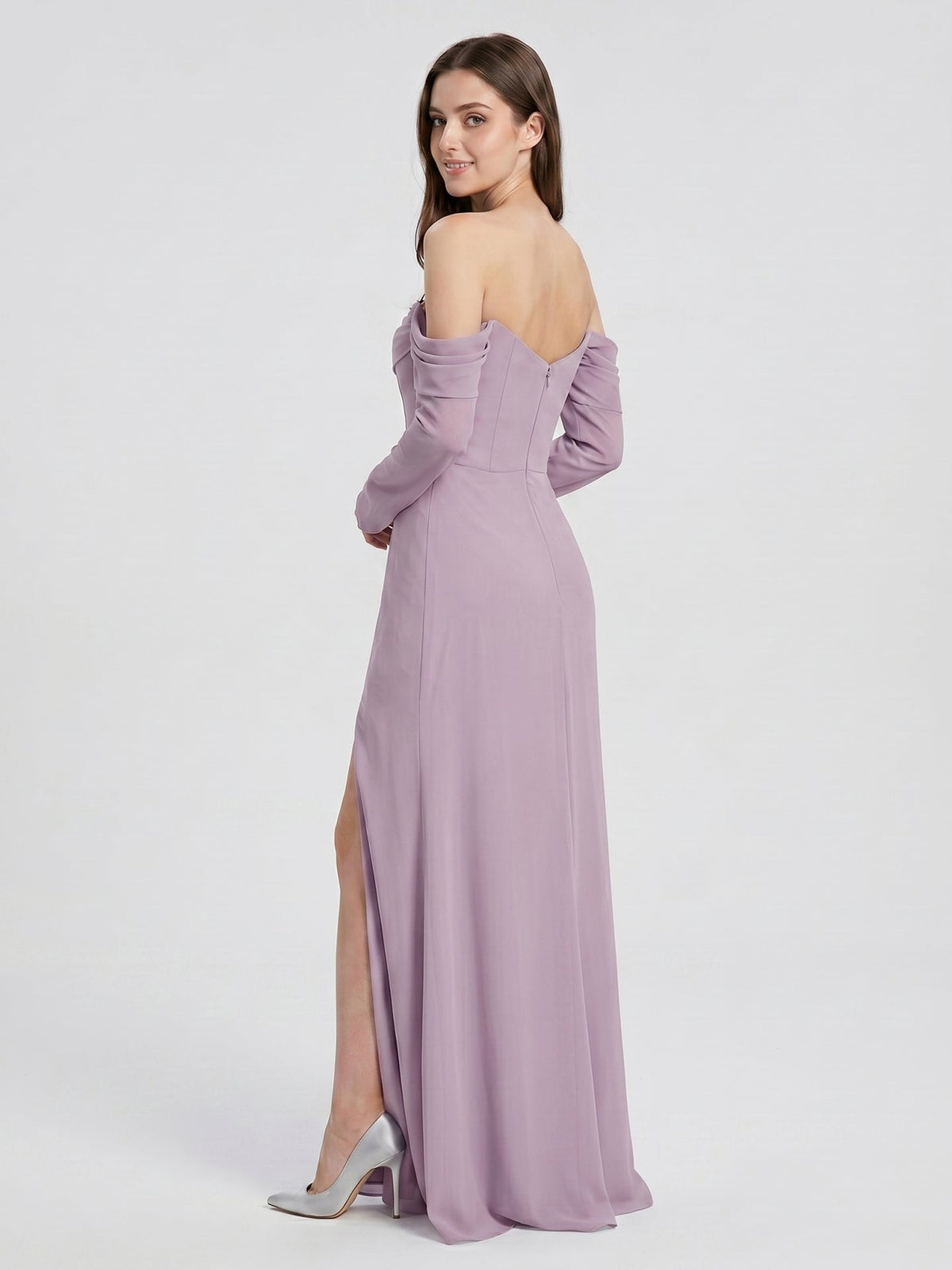 Lavender Chiffon Column Off-the-Shoulder Back Zip Floor-Length Bridesmaid Dress - Curvevia
