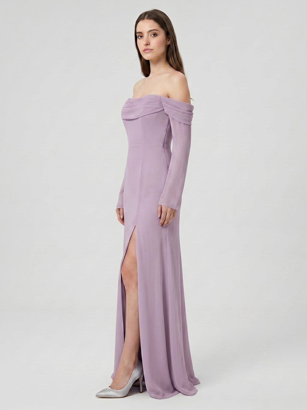 Lavender Chiffon Column Off-the-Shoulder Back Zip Floor-Length Bridesmaid Dress - Curvevia