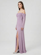 Lavender Chiffon Column Off-the-Shoulder Back Zip Floor-Length Bridesmaid Dress - Curvevia