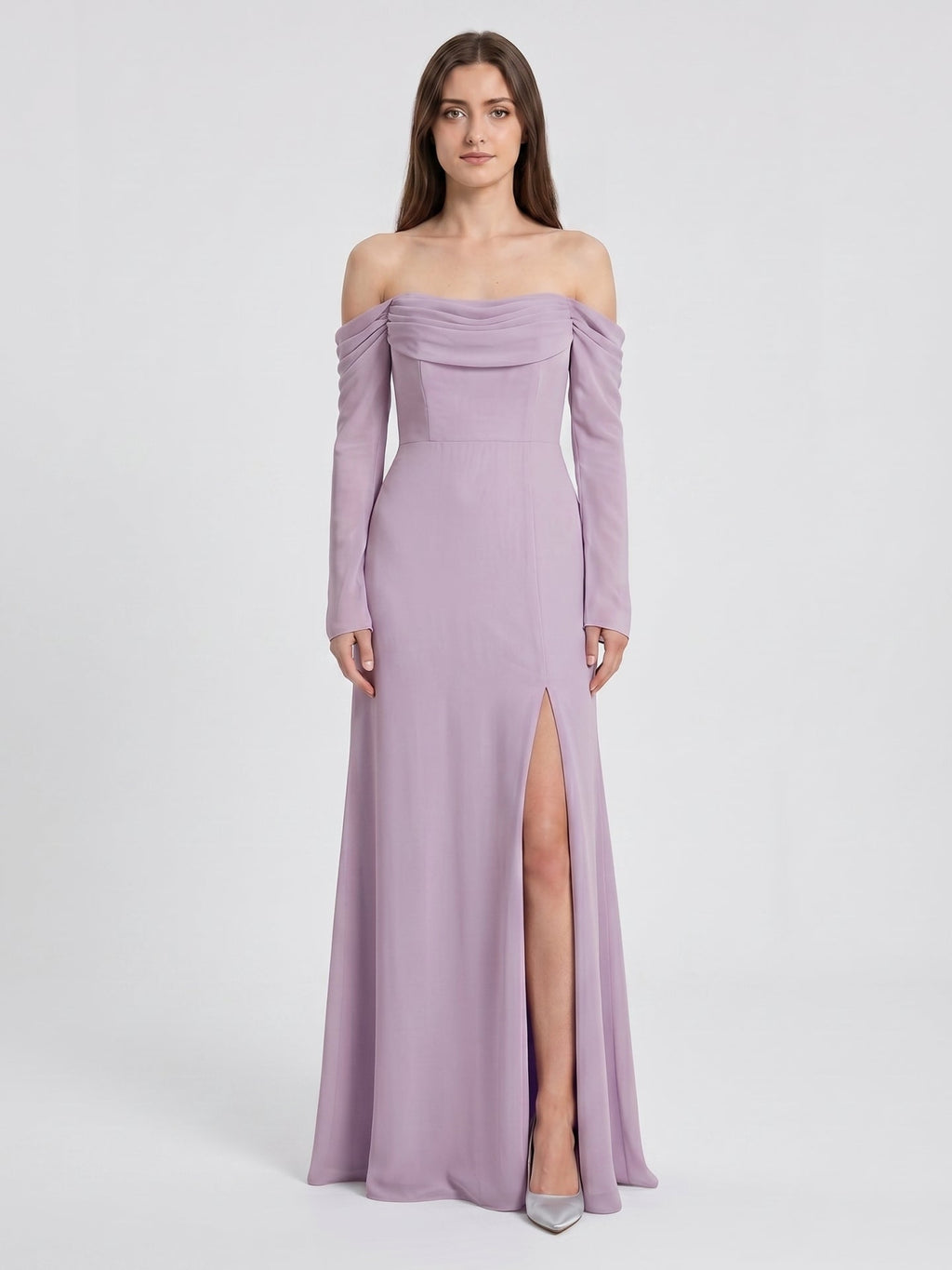 Lavender Chiffon Column Off-the-Shoulder Back Zip Floor-Length Bridesmaid Dress - Curvevia
