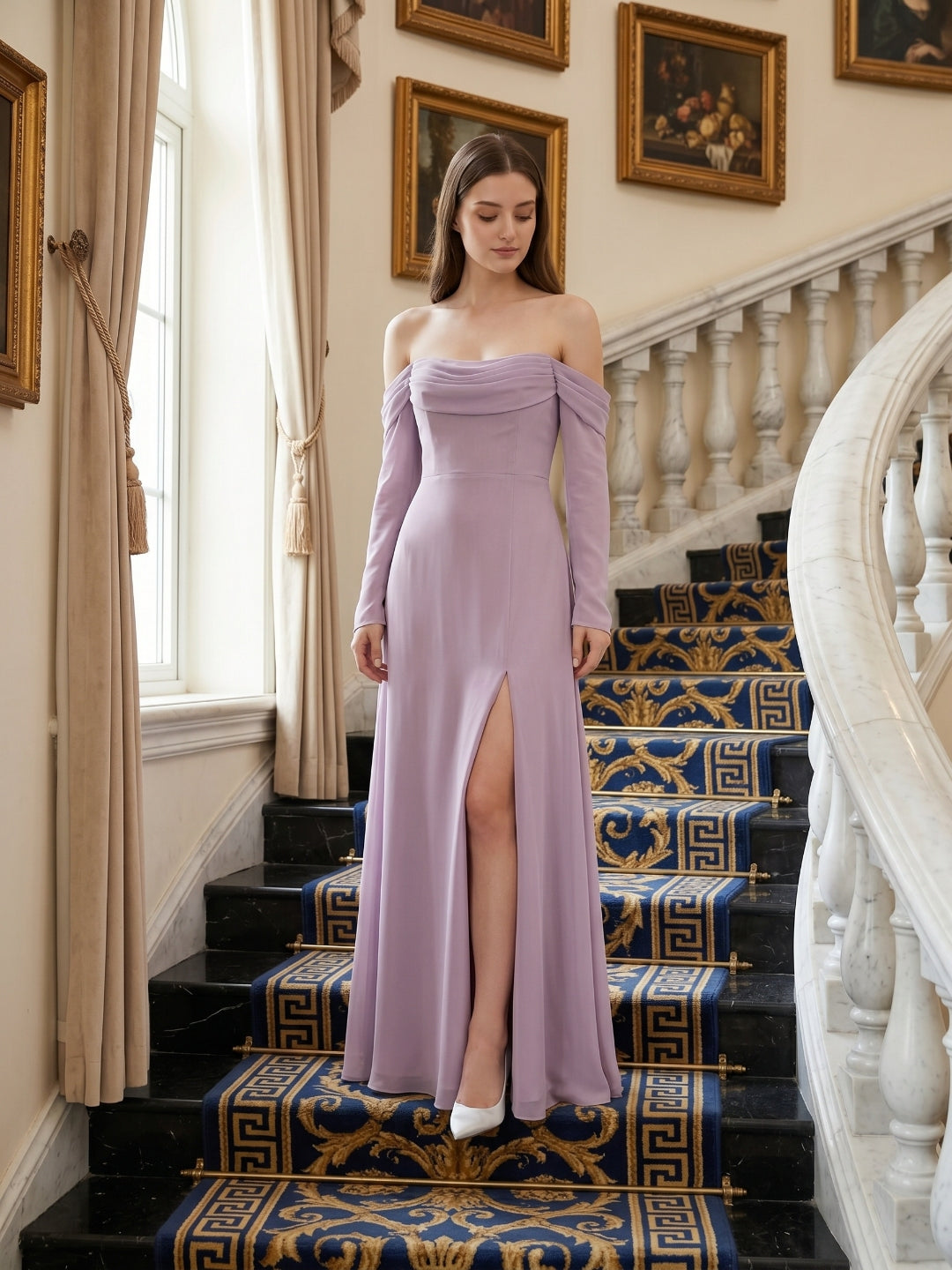 Lavender Chiffon Column Off-the-Shoulder Back Zip Floor-Length Bridesmaid Dress - Curvevia