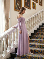 Lavender Chiffon Column Off-the-Shoulder Back Zip Floor-Length Bridesmaid Dress - Curvevia