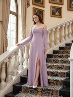 Lavender Chiffon Column Off-the-Shoulder Back Zip Floor-Length Bridesmaid Dress - Curvevia