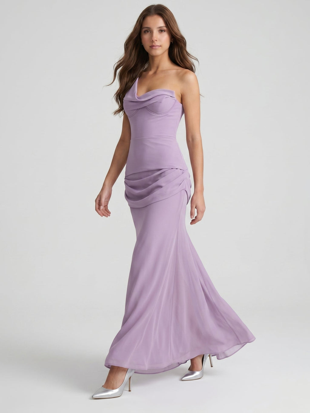 Lavender Chiffon Column One Shoulder Backless Floor-Length Bridesmaid Dress - Curvevia