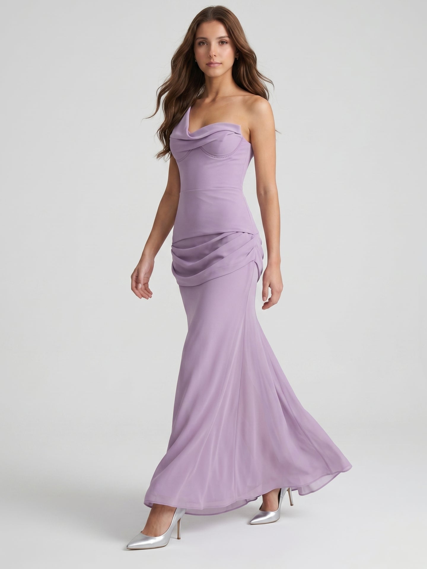 Lavender Chiffon Column One Shoulder Backless Floor-Length Bridesmaid Dress - Curvevia
