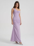 Lavender Chiffon Column One Shoulder Backless Floor-Length Bridesmaid Dress - Curvevia