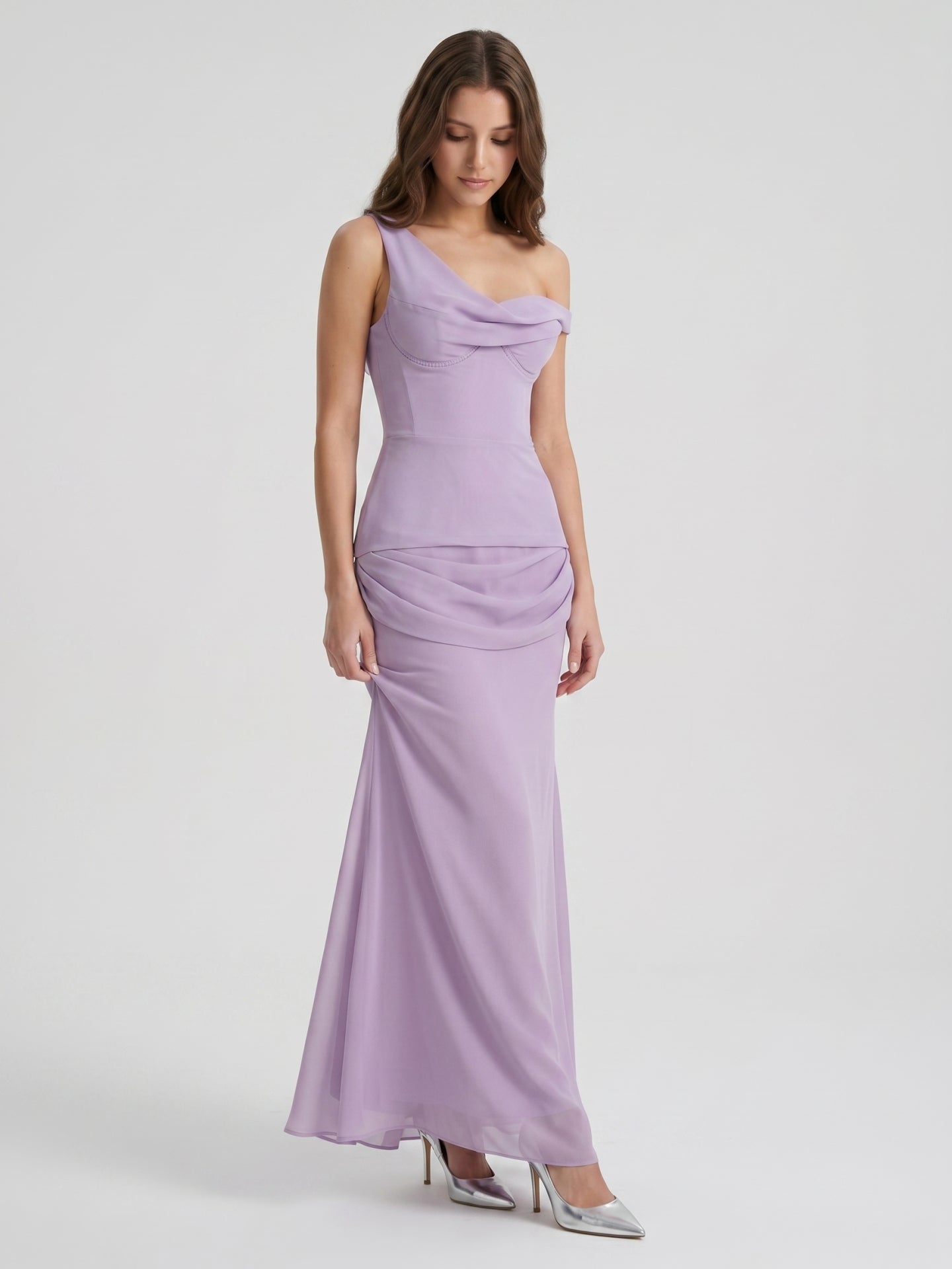 Lavender Chiffon Column One Shoulder Backless Floor-Length Bridesmaid Dress - Curvevia