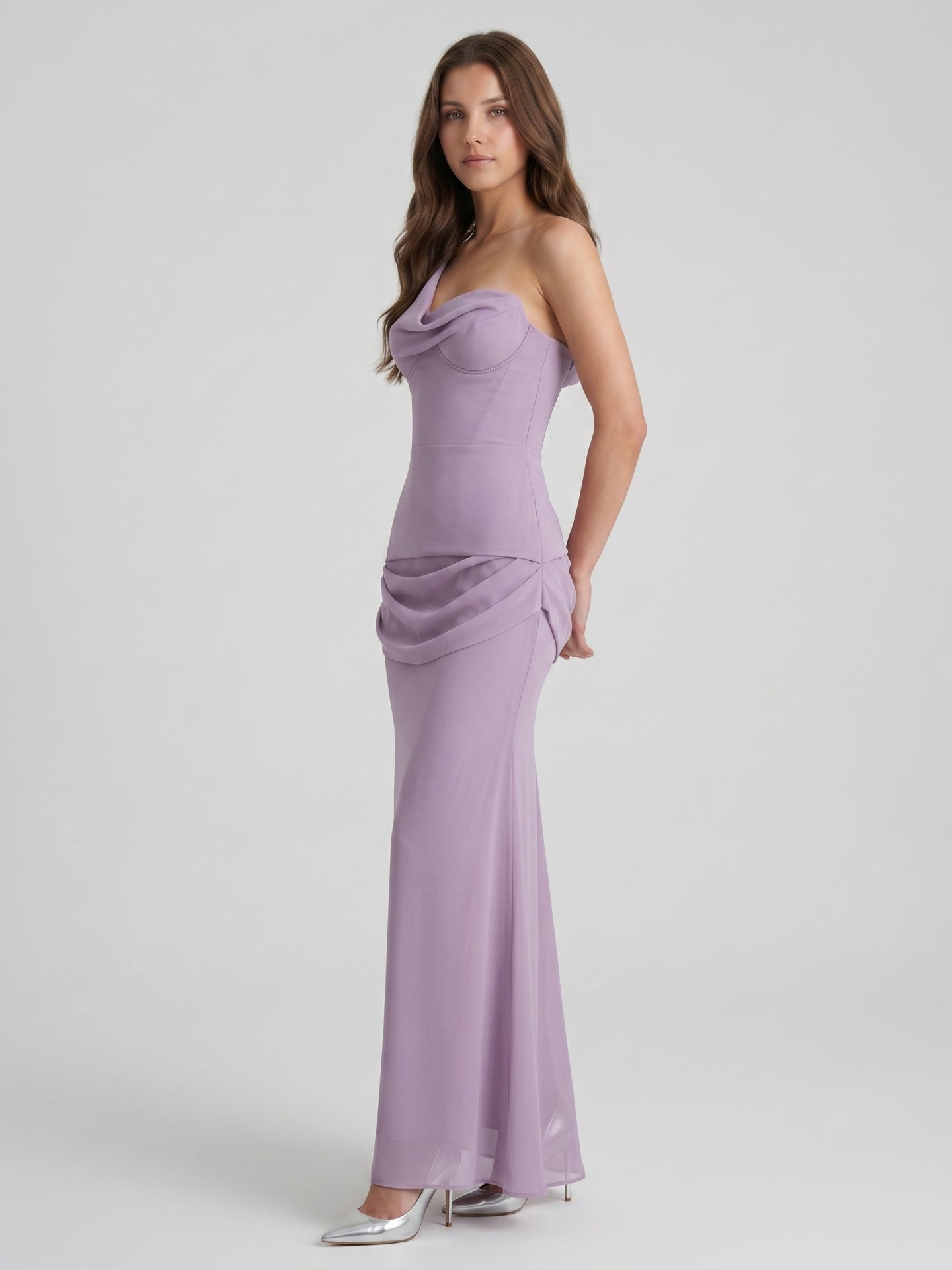 Lavender Chiffon Column One Shoulder Backless Floor-Length Bridesmaid Dress - Curvevia