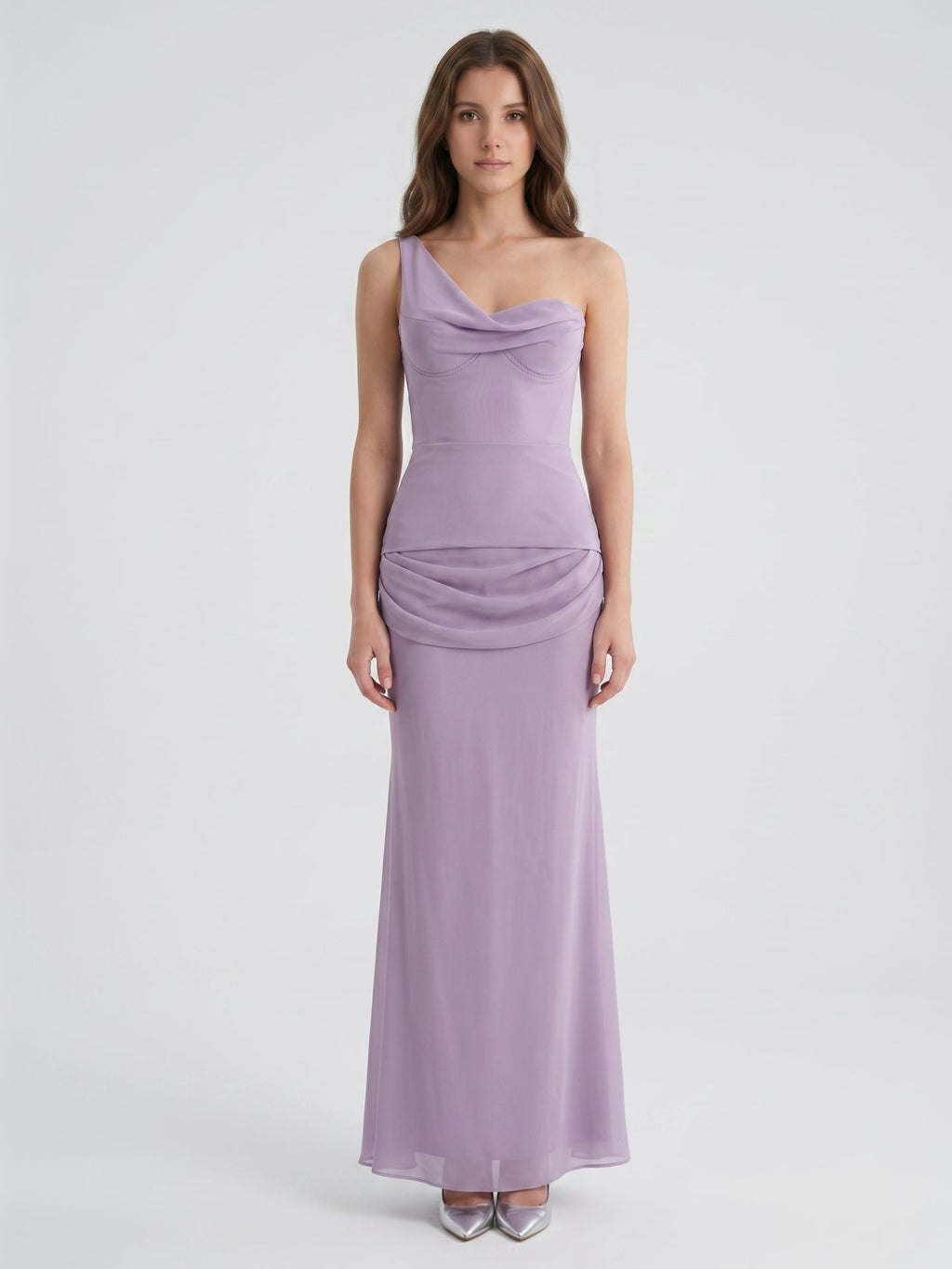 Lavender Chiffon Column One Shoulder Backless Floor-Length Bridesmaid Dress - Curvevia