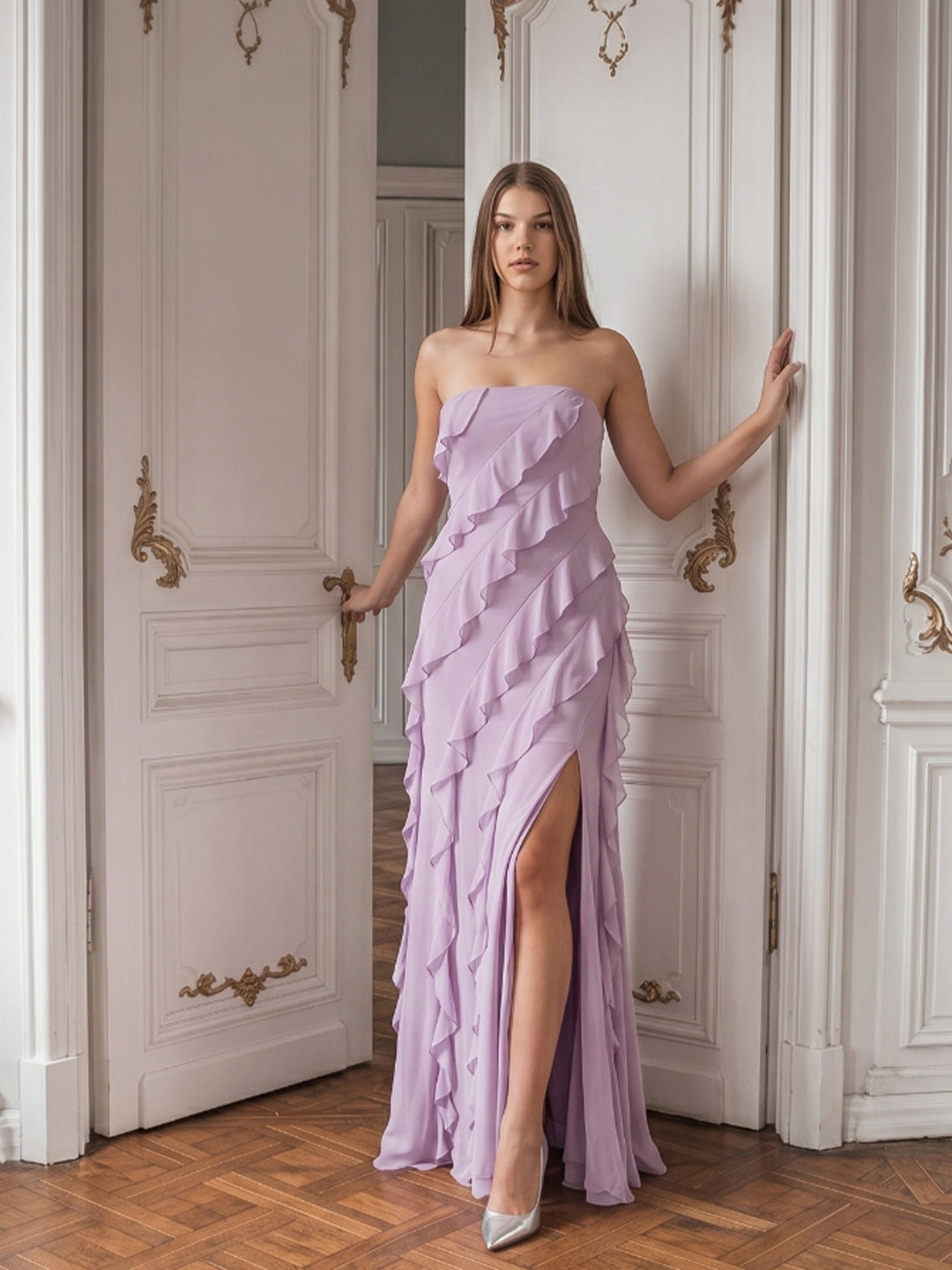Lavender Chiffon Column Straight Neck Back Zip Floor-Length Bridesmaid Dress - Curvevia