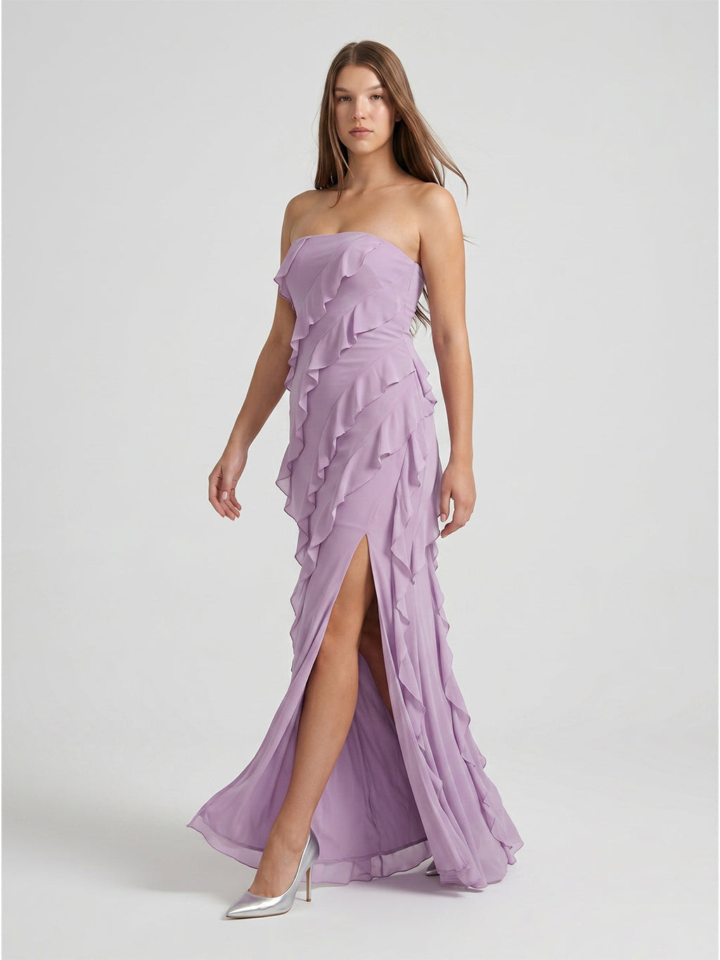 Lavender Chiffon Column Straight Neck Back Zip Floor-Length Bridesmaid Dress - Curvevia