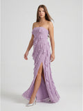 Lavender Chiffon Column Straight Neck Back Zip Floor-Length Bridesmaid Dress - Curvevia