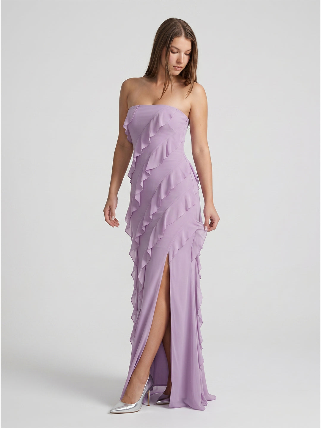 Lavender Chiffon Column Straight Neck Back Zip Floor-Length Bridesmaid Dress - Curvevia