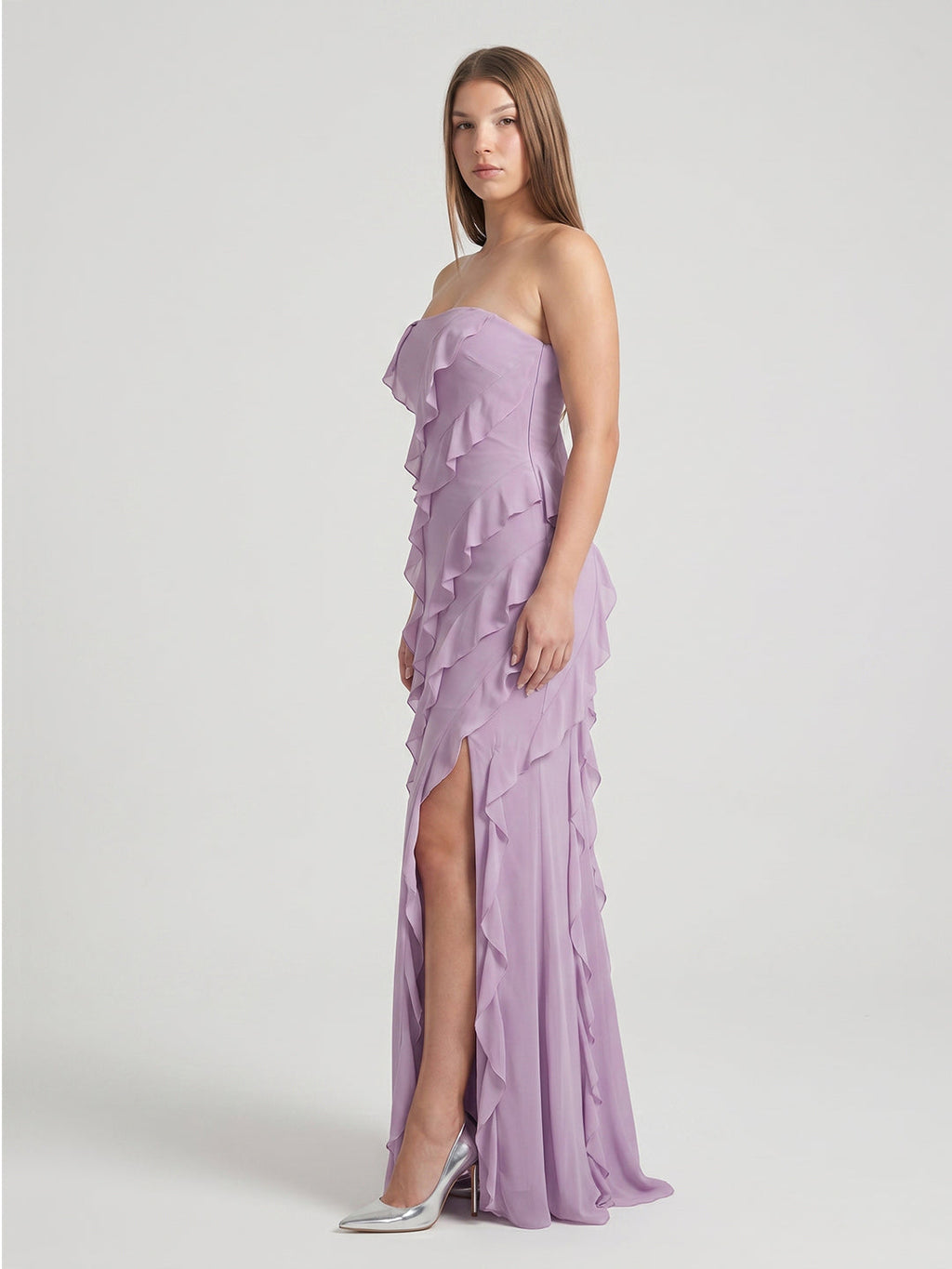 Lavender Chiffon Column Straight Neck Back Zip Floor-Length Bridesmaid Dress - Curvevia