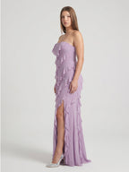 Lavender Chiffon Column Straight Neck Back Zip Floor-Length Bridesmaid Dress - Curvevia