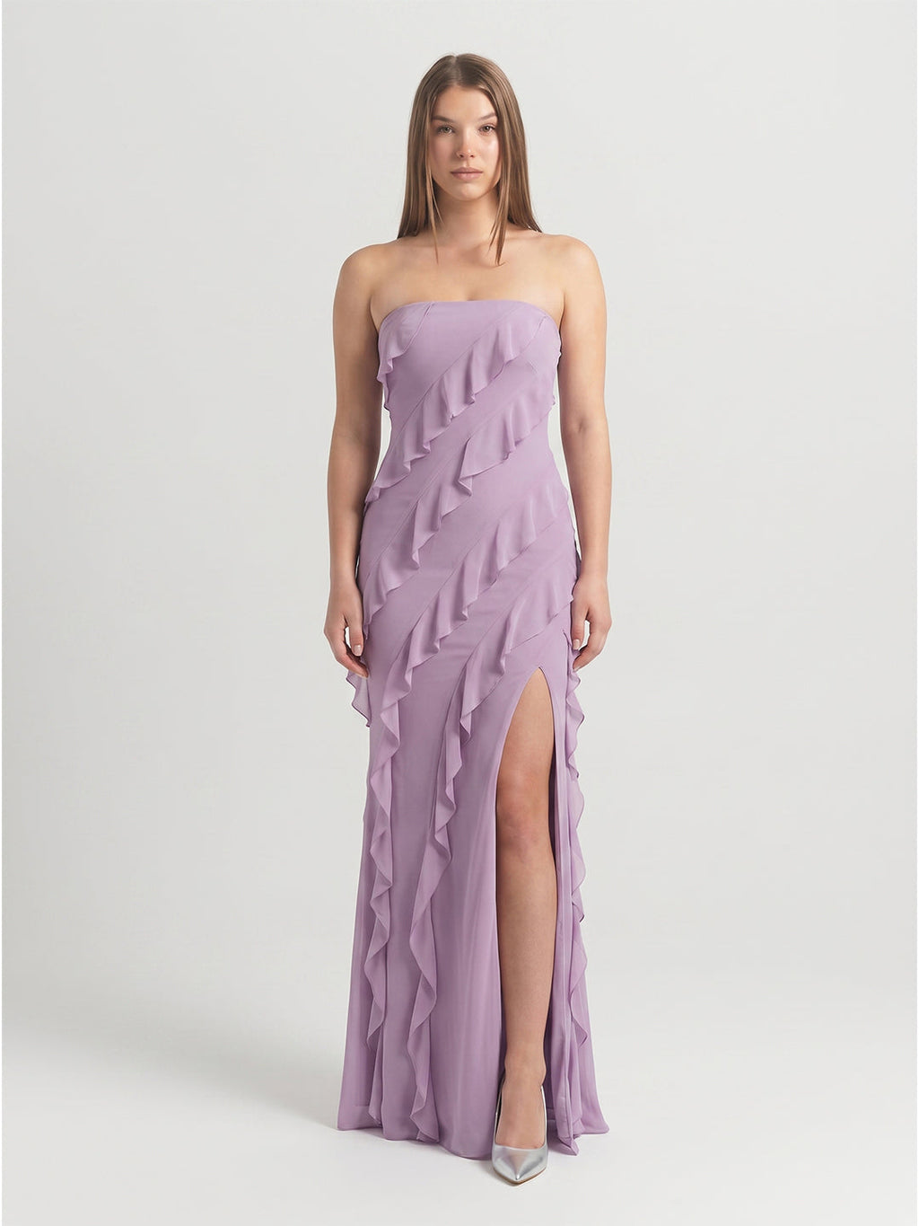 Lavender Chiffon Column Straight Neck Back Zip Floor-Length Bridesmaid Dress - Curvevia