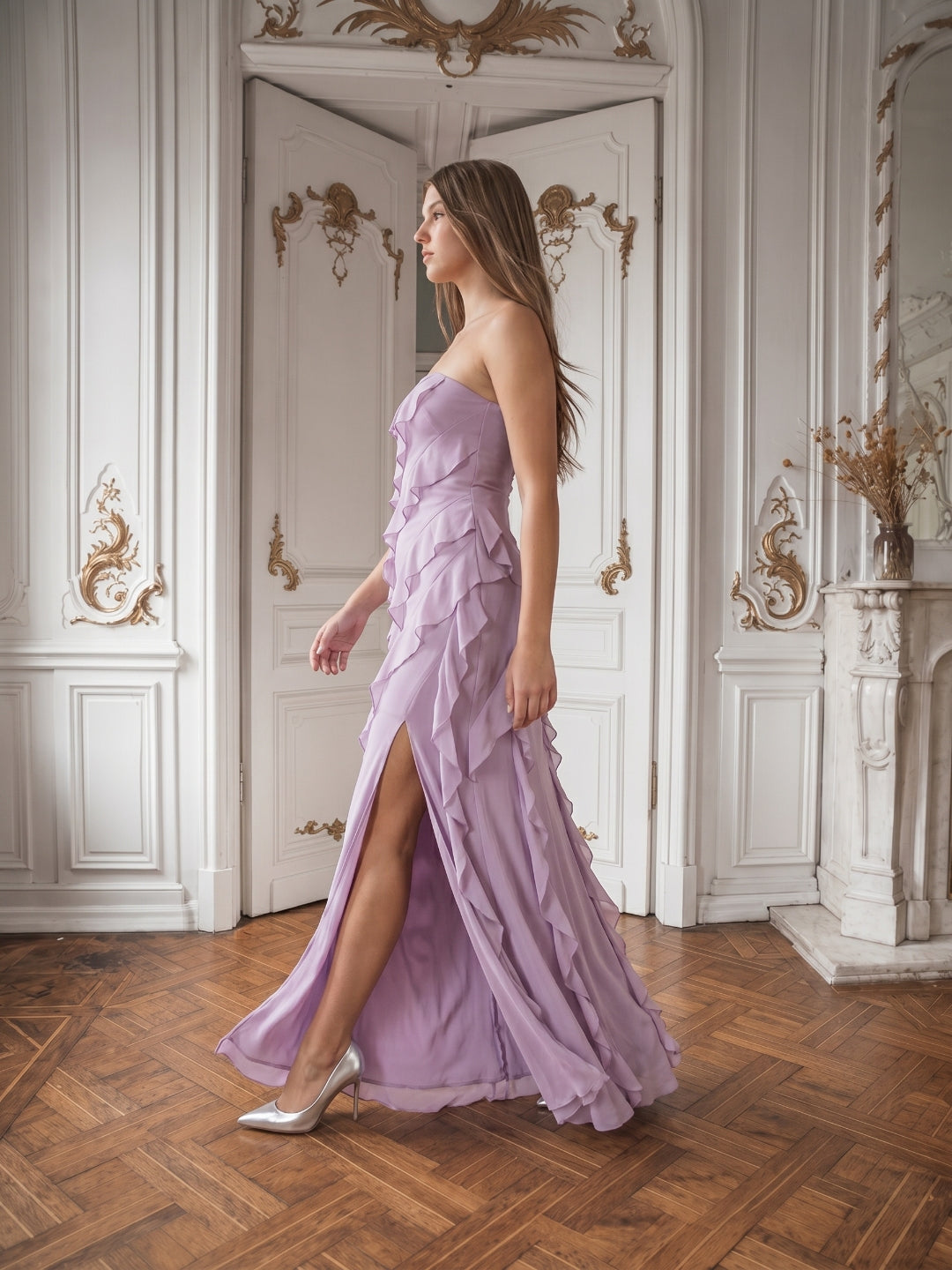 Lavender Chiffon Column Straight Neck Back Zip Floor-Length Bridesmaid Dress - Curvevia