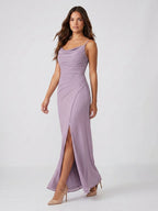 Lavender Chiffon Mermaid Cowl Neck Back Zip Floor-Length Bridesmaid Dress - Curvevia