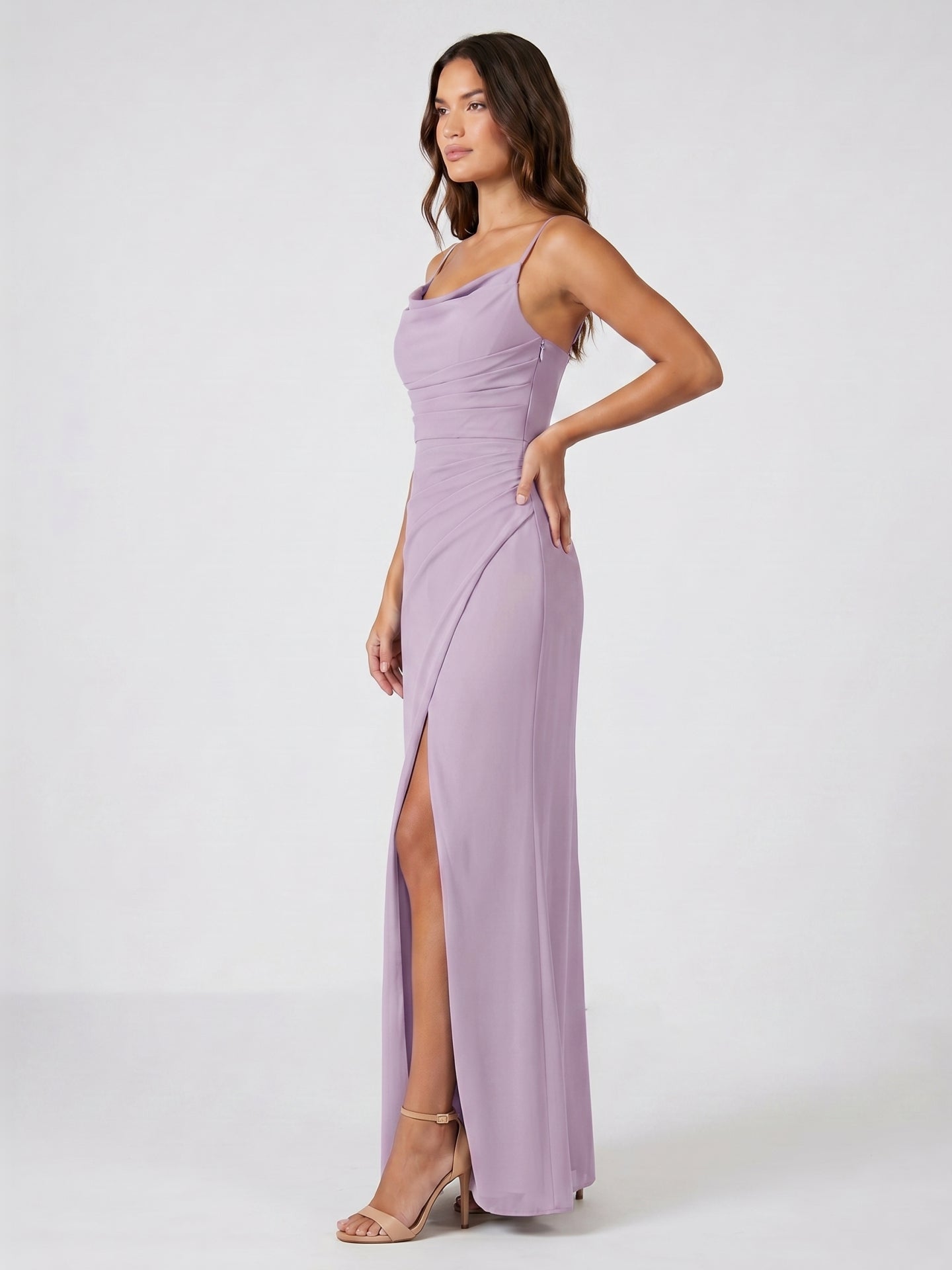 Lavender Chiffon Mermaid Cowl Neck Back Zip Floor-Length Bridesmaid Dress - Curvevia