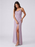 Lavender Chiffon Mermaid Cowl Neck Back Zip Floor-Length Bridesmaid Dress - Curvevia