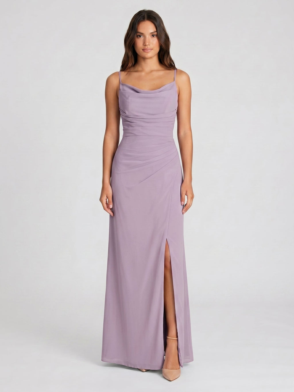 Lavender Chiffon Mermaid Cowl Neck Back Zip Floor-Length Bridesmaid Dress - Curvevia
