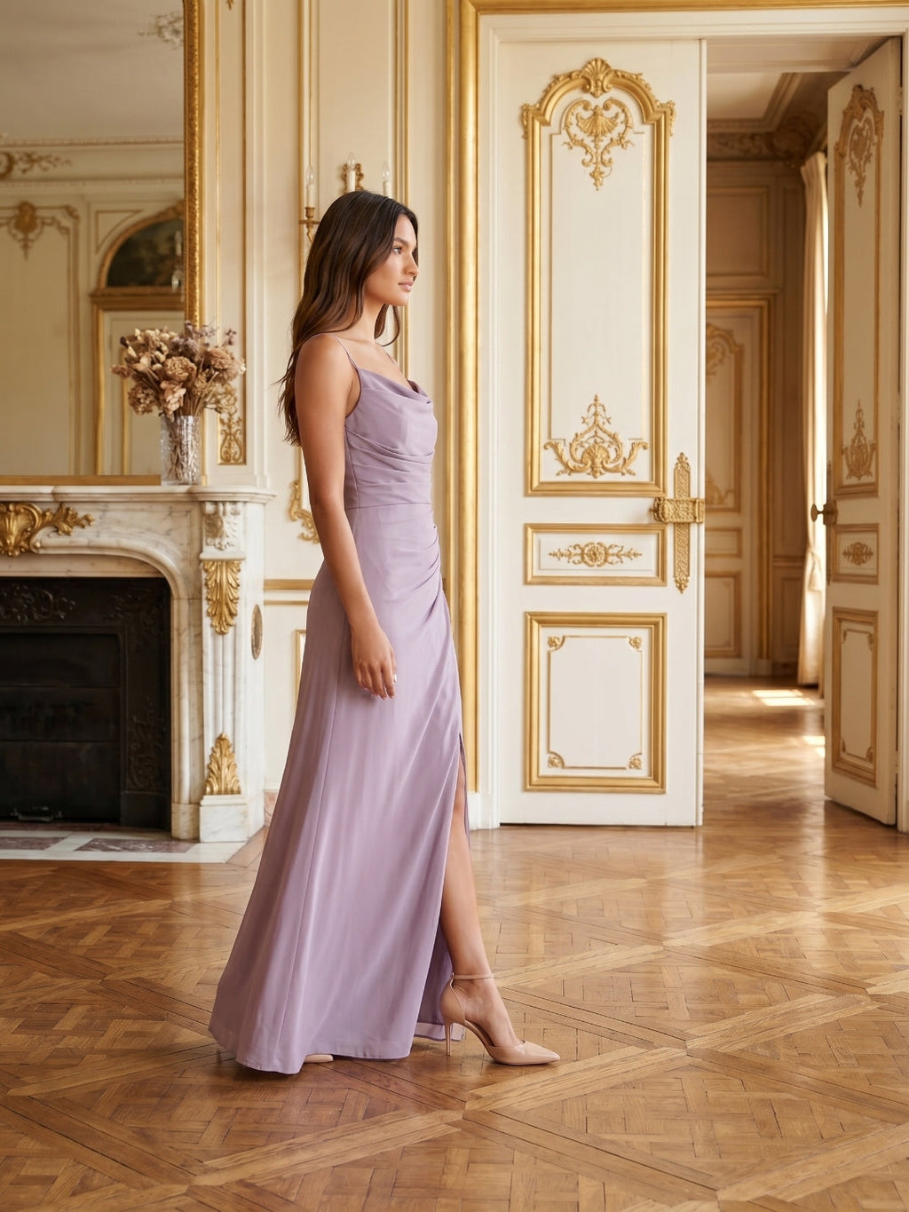 Lavender Chiffon Mermaid Cowl Neck Back Zip Floor-Length Bridesmaid Dress - Curvevia