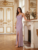 Lavender Chiffon Mermaid Cowl Neck Back Zip Floor-Length Bridesmaid Dress - Curvevia