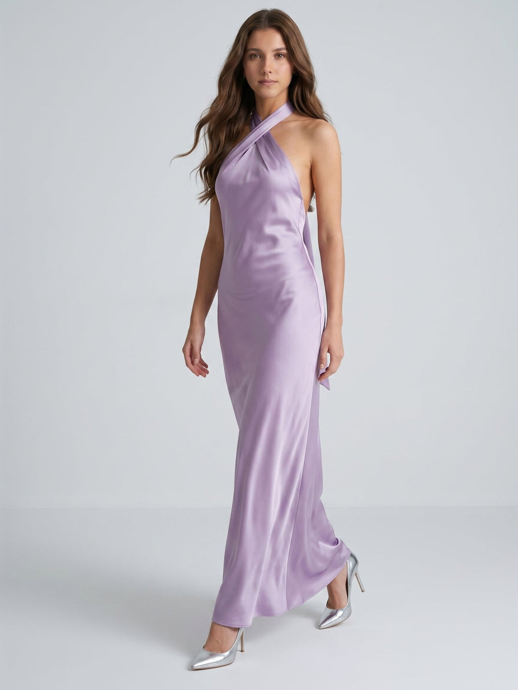 Lavender Column Halter Backless Floor-Length Bridesmaid Dress with Bow - Curvevia