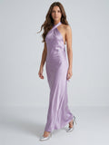 Lavender Column Halter Backless Floor-Length Bridesmaid Dress with Bow - Curvevia