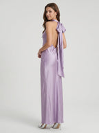 Lavender Column Halter Backless Floor-Length Bridesmaid Dress with Bow - Curvevia