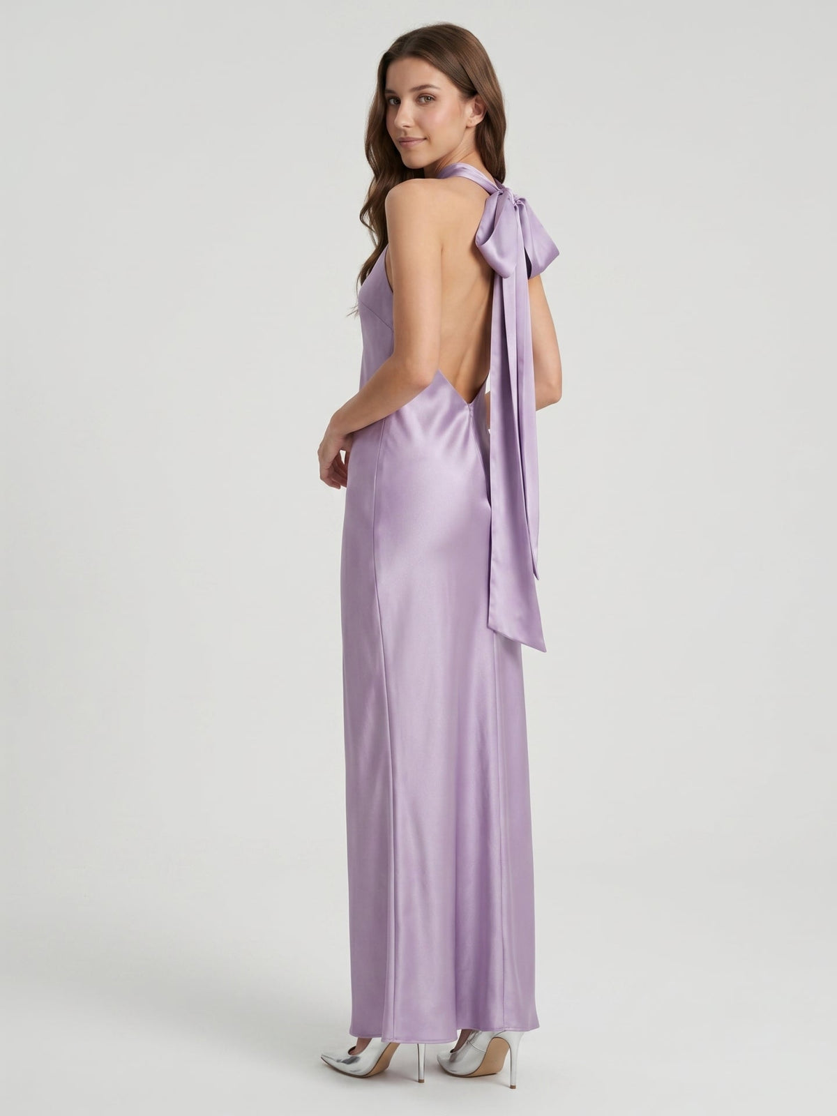 Lavender Column Halter Backless Floor-Length Bridesmaid Dress with Bow - Curvevia