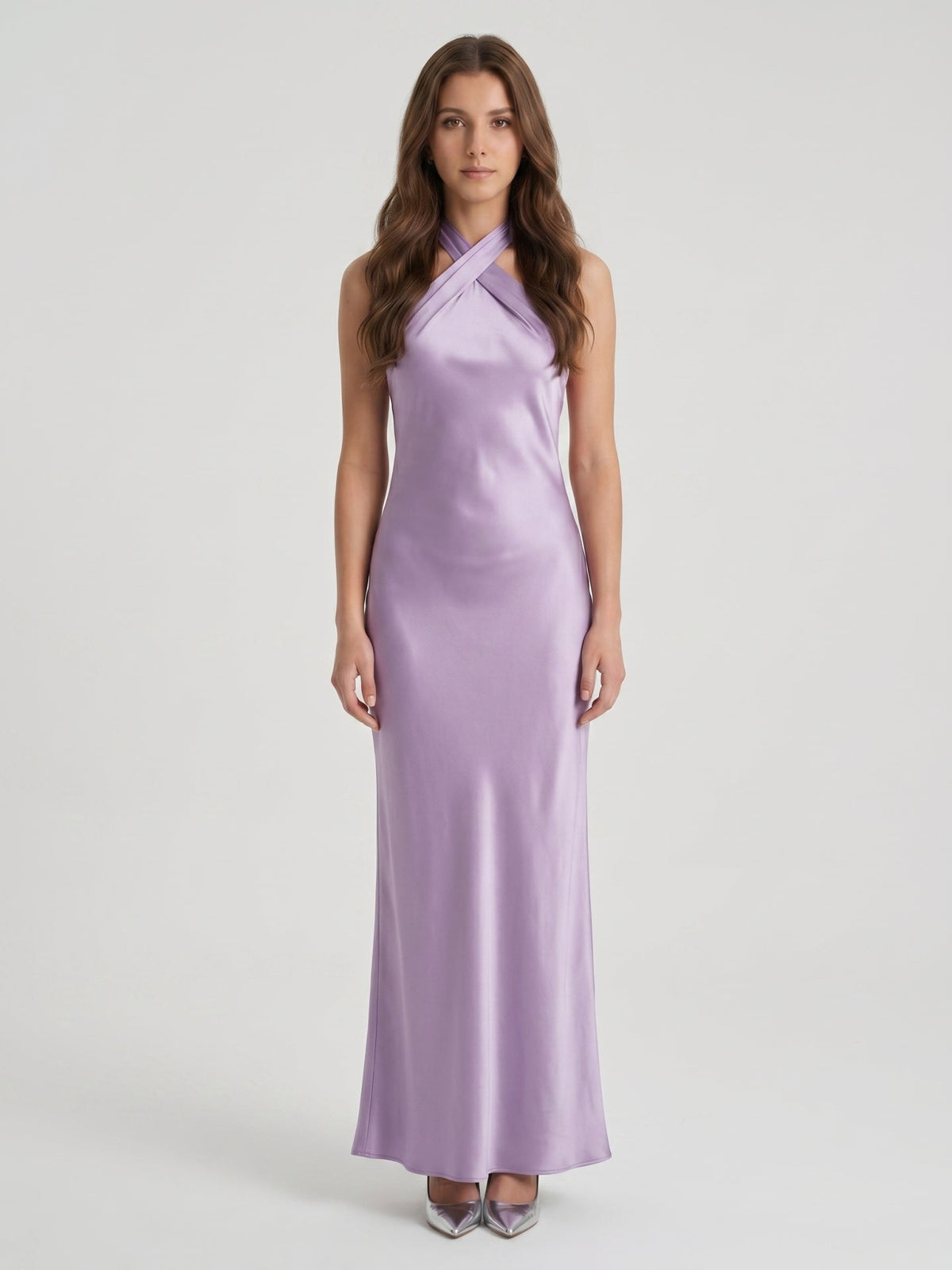 Lavender Column Halter Backless Floor-Length Bridesmaid Dress with Bow - Curvevia