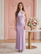 Lavender Column Halter Backless Floor-Length Bridesmaid Dress with Bow - Curvevia