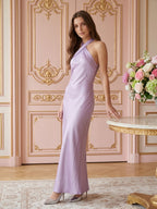 Lavender Column Halter Backless Floor-Length Bridesmaid Dress with Bow - Curvevia