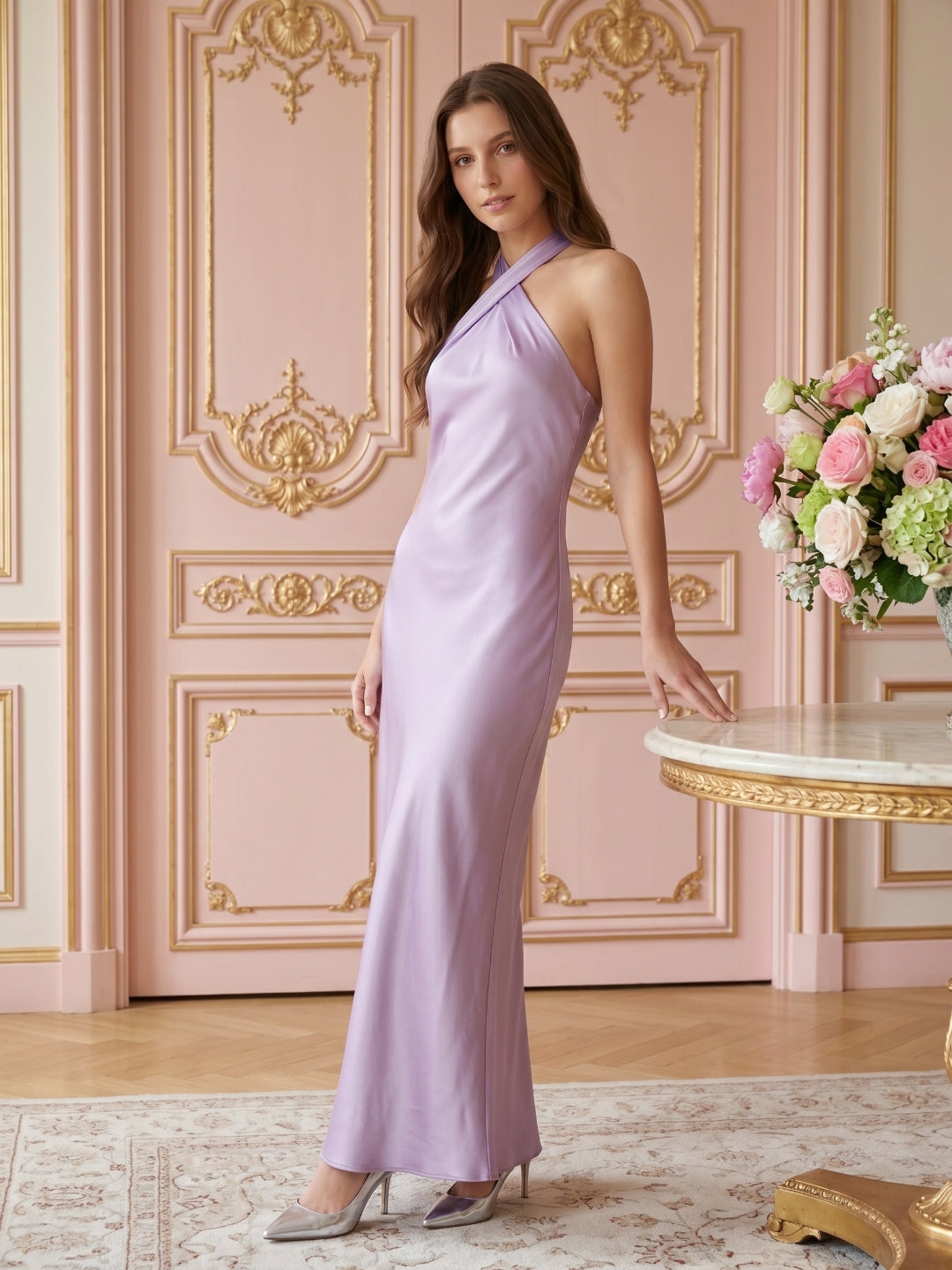 Lavender Column Halter Backless Floor-Length Bridesmaid Dress with Bow - Curvevia