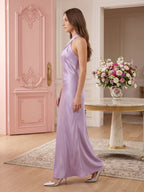 Lavender Column Halter Backless Floor-Length Bridesmaid Dress with Bow - Curvevia