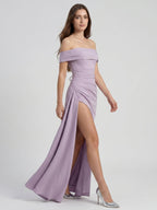 Lavender Matte Satin Column Off-the-Shoulder Lace-up Floor-Length Bridesmaid Dress - Curvevia