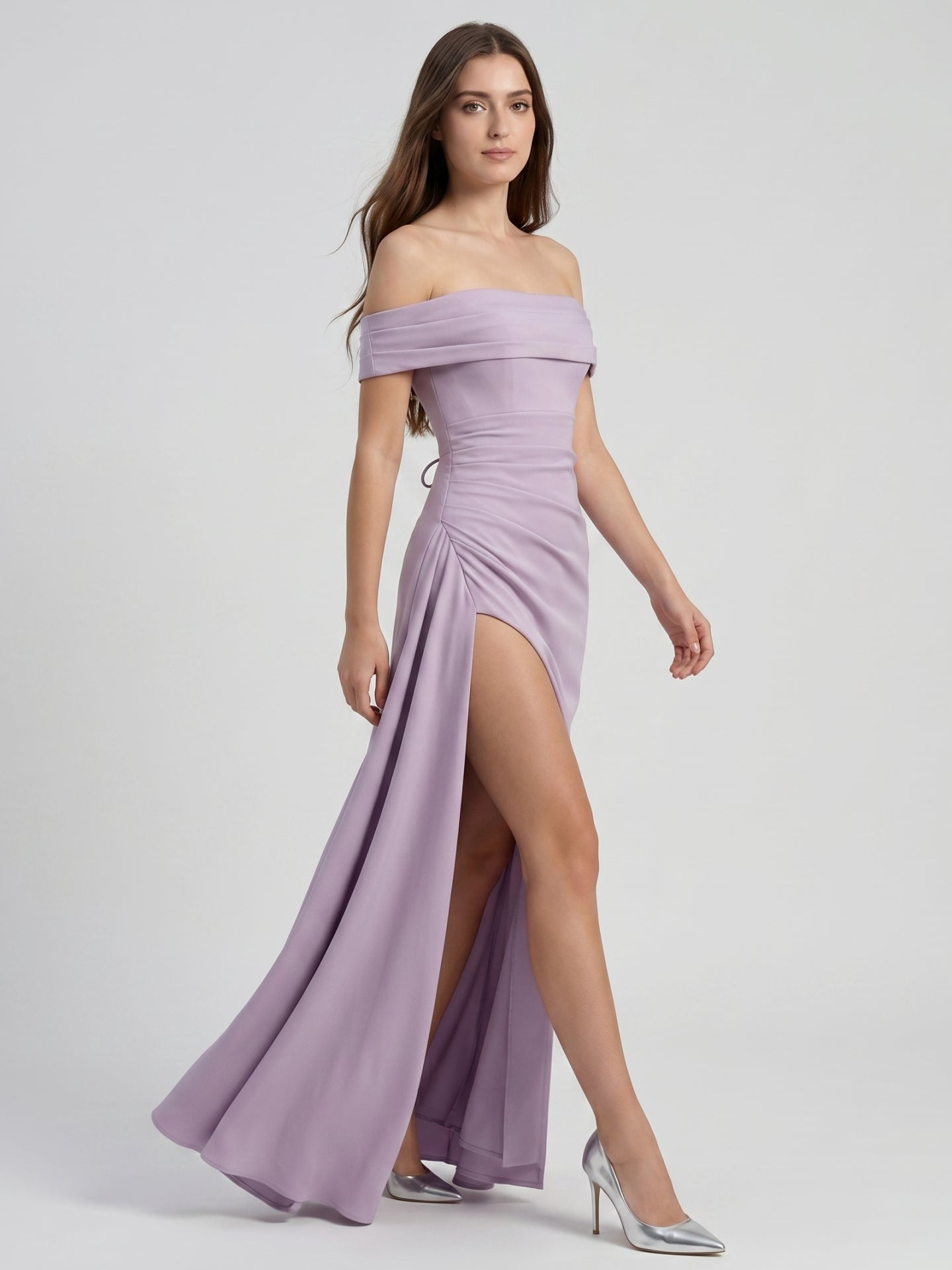 Lavender Matte Satin Column Off-the-Shoulder Lace-up Floor-Length Bridesmaid Dress - Curvevia