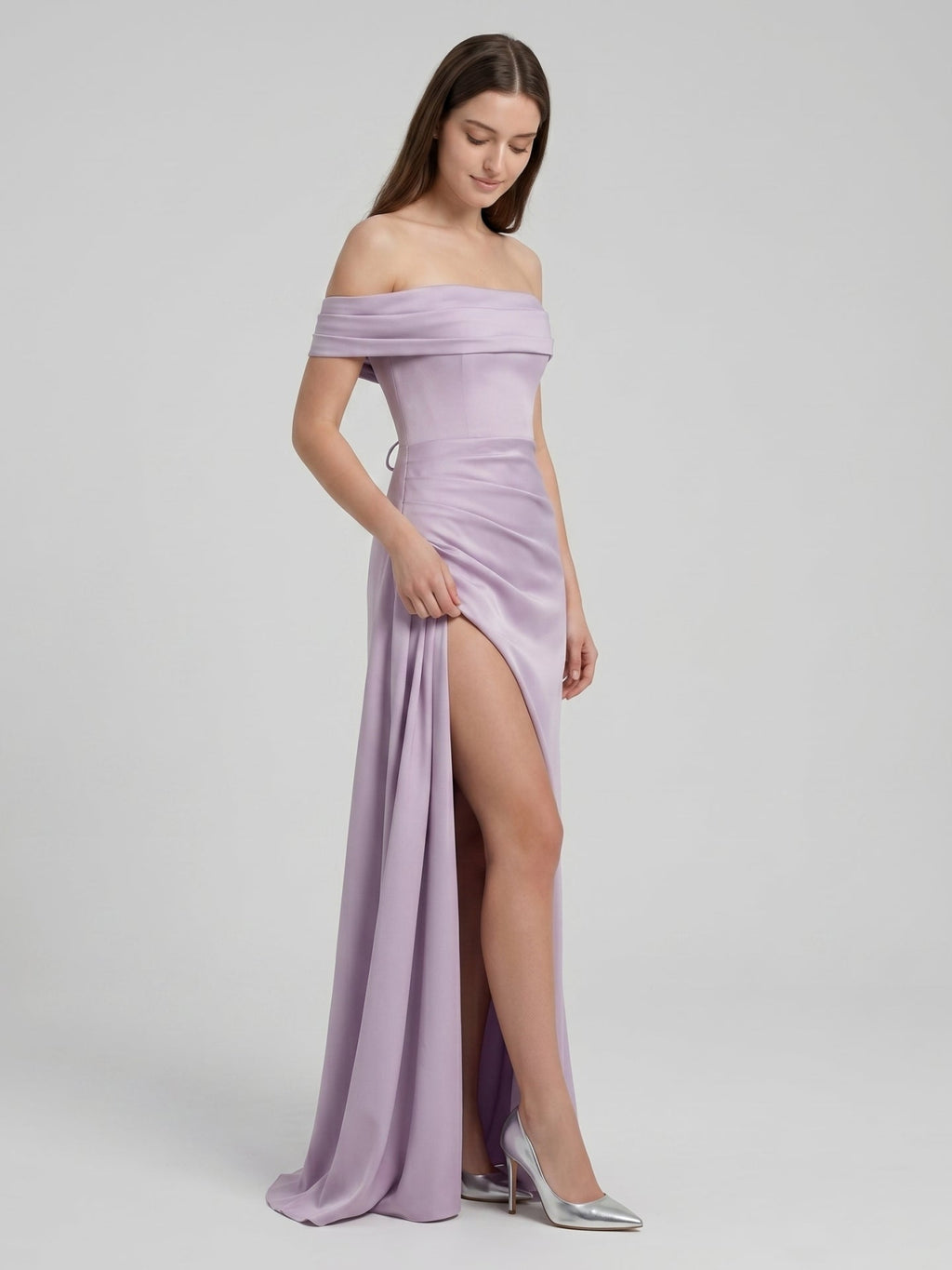 Lavender Matte Satin Column Off-the-Shoulder Lace-up Floor-Length Bridesmaid Dress - Curvevia