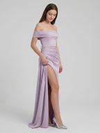 Lavender Matte Satin Column Off-the-Shoulder Lace-up Floor-Length Bridesmaid Dress - Curvevia
